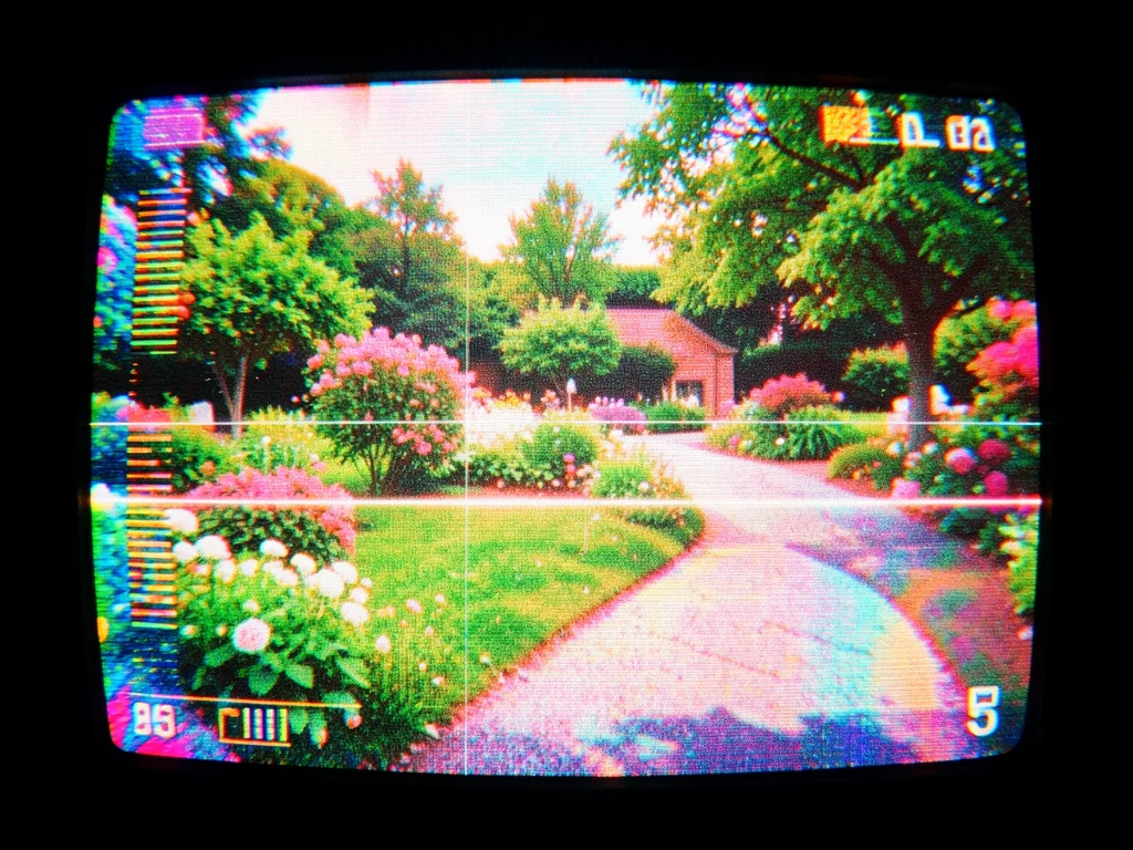 Tape-worn recording of spring garden tour, oversaturated greens and pinks