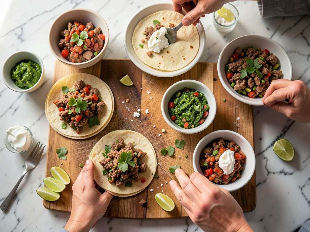 Taco assembly: tortillas, bowls of fillings — meat, salsa, cilantro, lime wedges