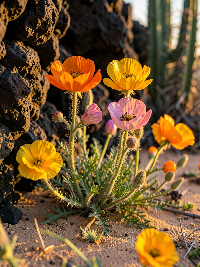 Owl Clover and Marigold in Rock Crevice