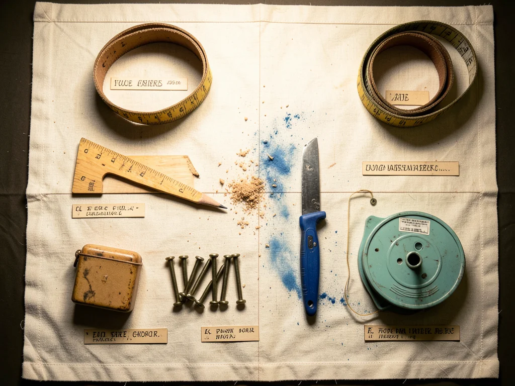 Overhead flat-lay of everything from a carpenter's tool belt laid out on raw pin