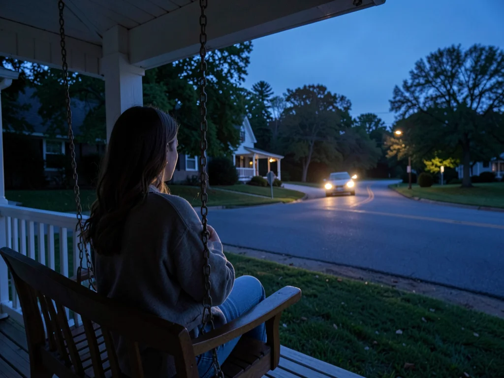 A mother on a porch swing during blue hour, watching the road, her adult child's