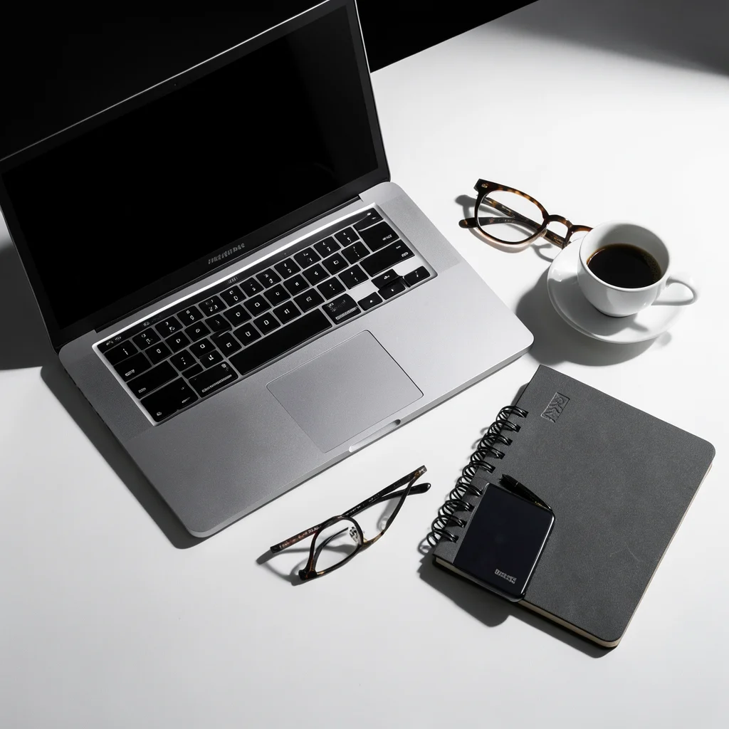 Desk essentials flat lay: laptop, phone, coffee, glasses, notebook on clean whit