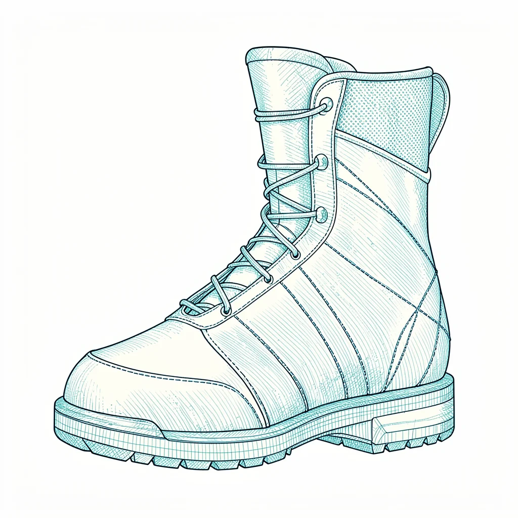 Detail drawing of a ski boot shell and liner in fine ivory hatching on cyan, hai