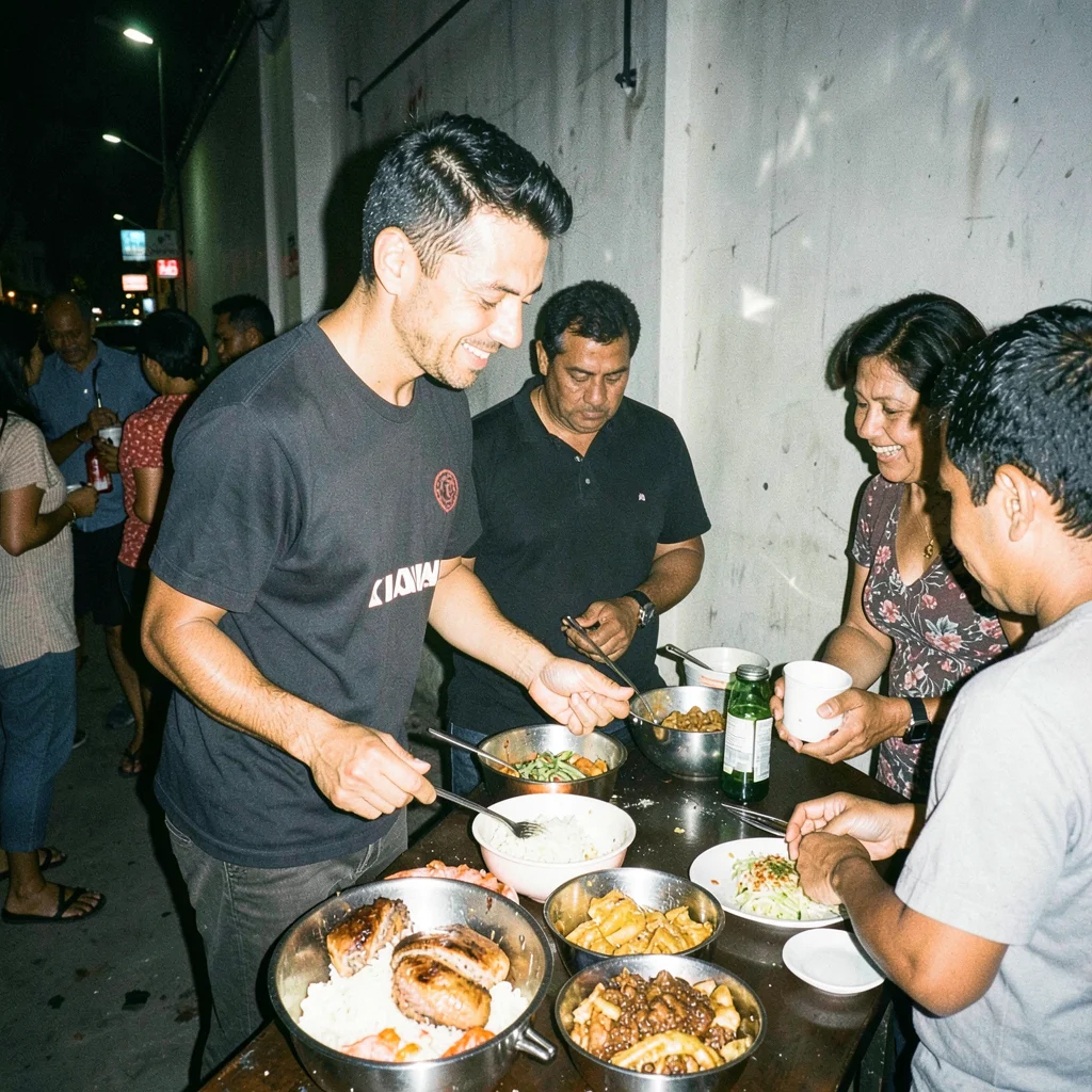 Street food vendor serving customers at night