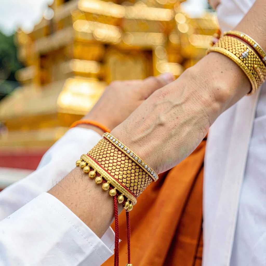 Lanna temple detail, Chiang Mai sacred ornament, sacred thread detail on wrist, 