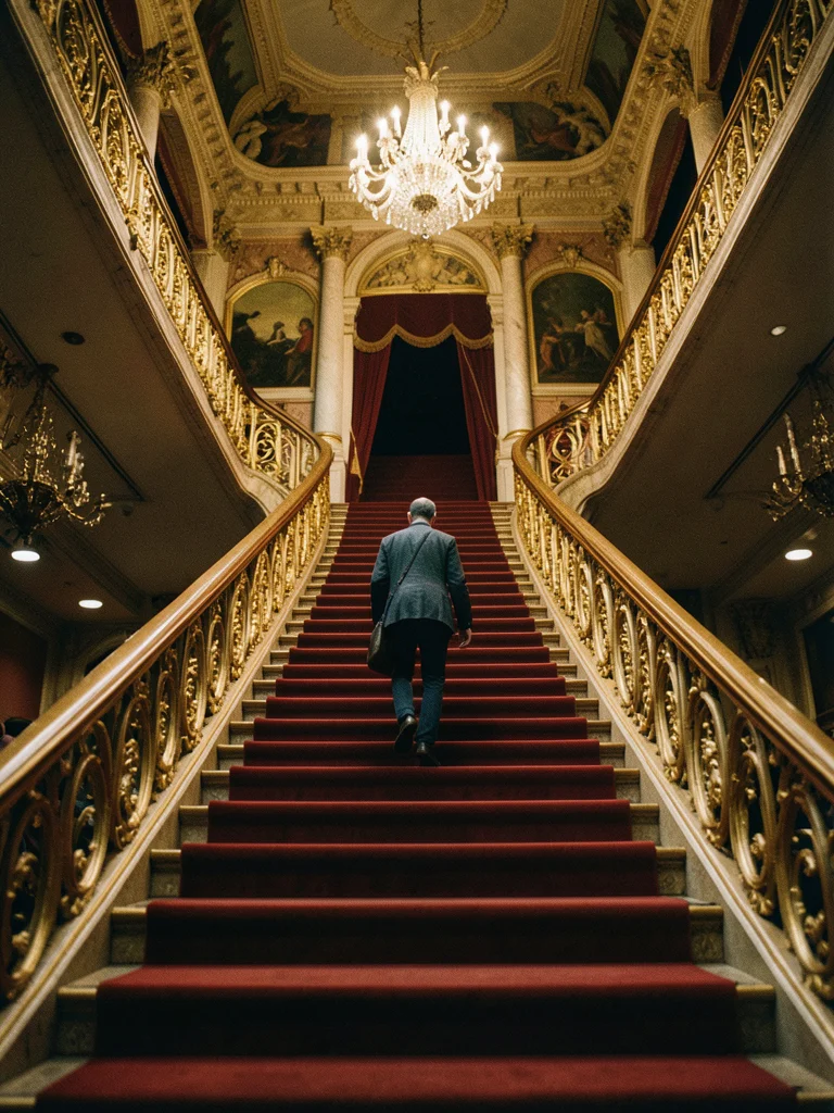 A grand staircase in a theater, red carpet, gold railings, a figure ascending, s