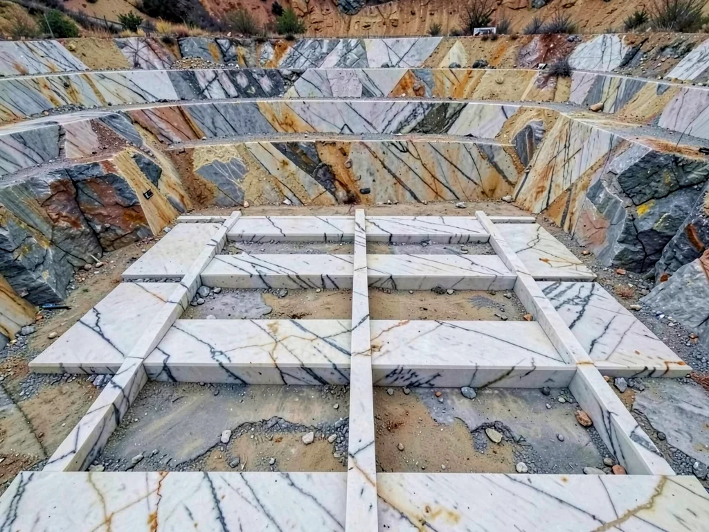 Quarry floor tiles still attached showing grid