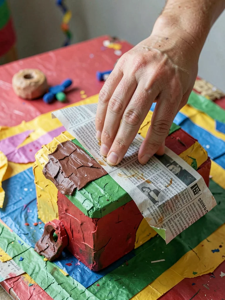 A hand pressing a wet newspaper strip onto a clay armature mold