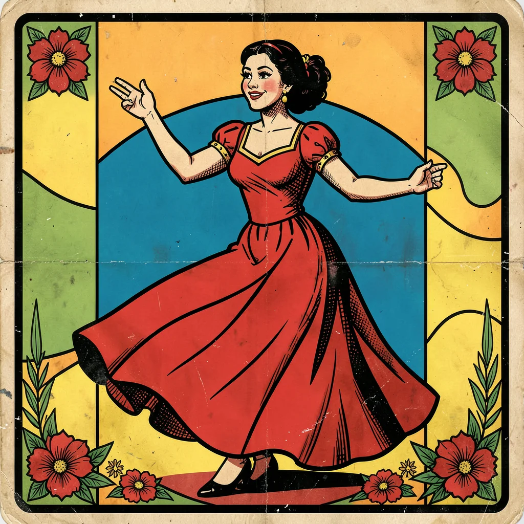 Mexican lotería card illustration, a lady in a flowing red dress dancing alone ,