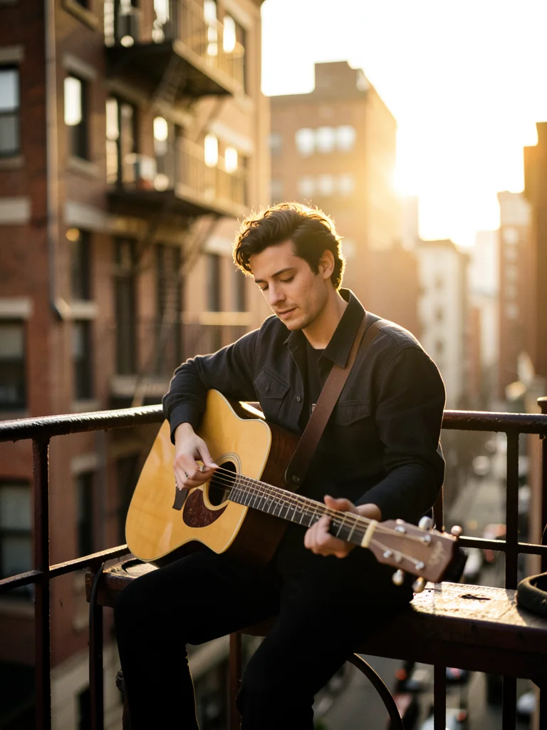 Musician sitting on a fire escape with a guitar, golden hour backlighting throug
