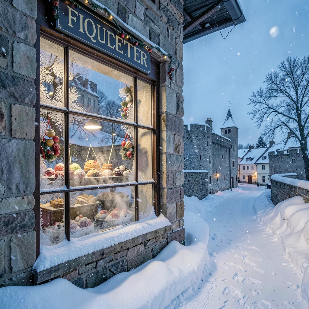 Quebec winter heritage, walled city under snow, Frosted window of a chocolaterie