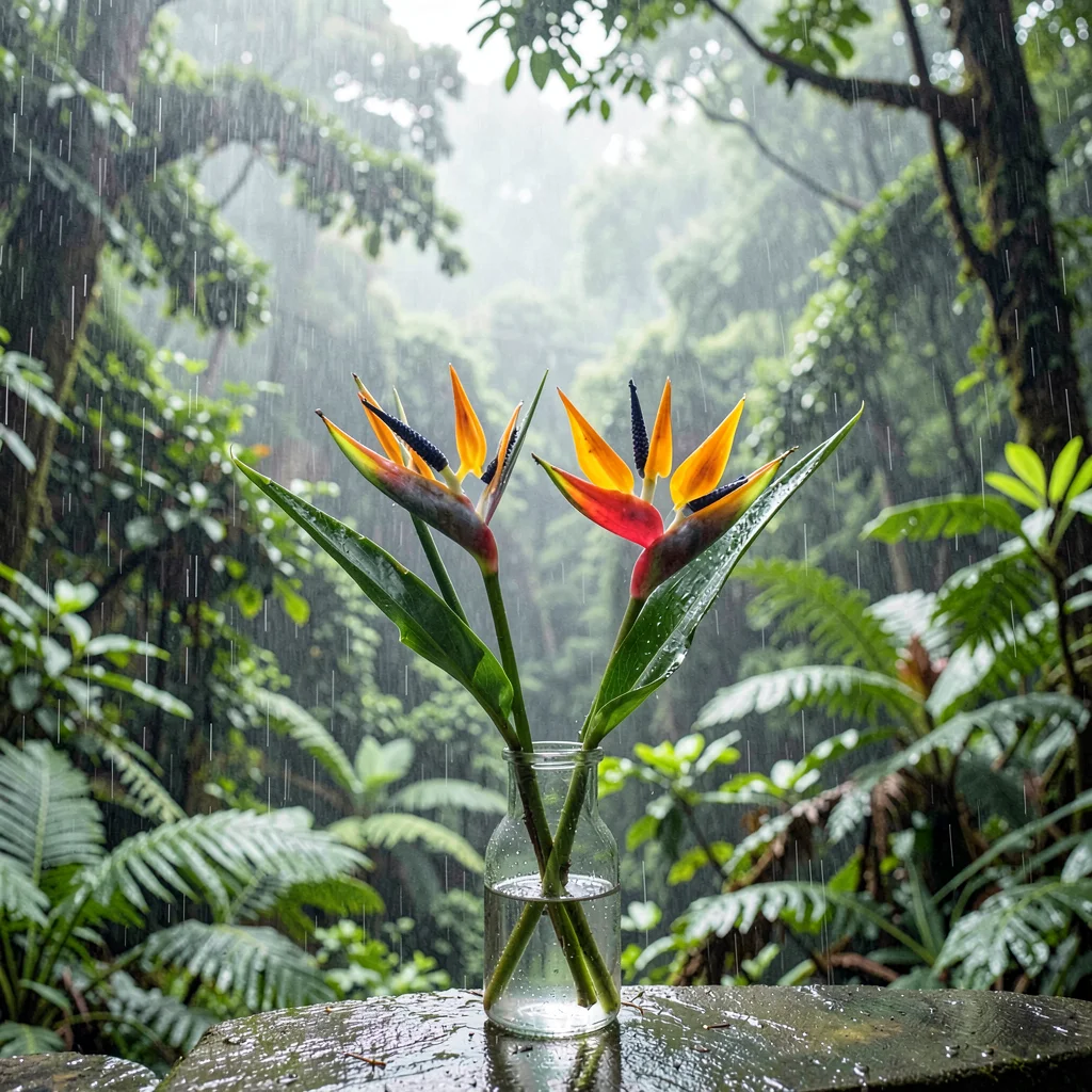 Monteverde cloud forest, filtered canopy light, Fresh heliconia flowers cut and 