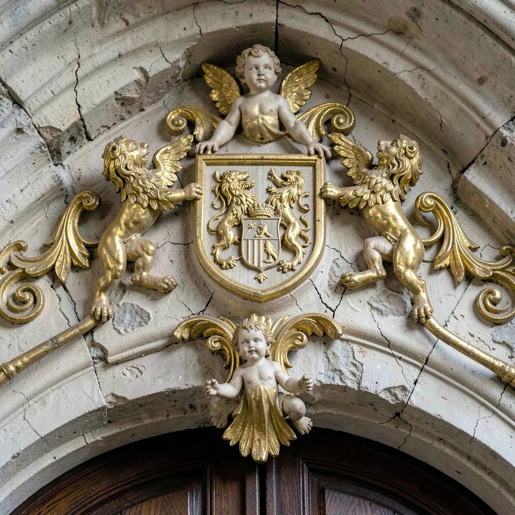 Baroque ornament fragment, Moravian gilt detail, Doorway pediment with family cr