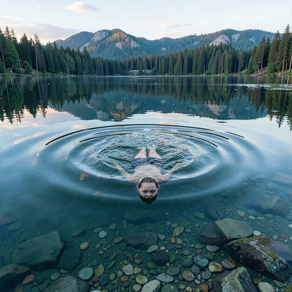Finnish lake mirror, dead-calm reflection, the moment of entering cold water aft