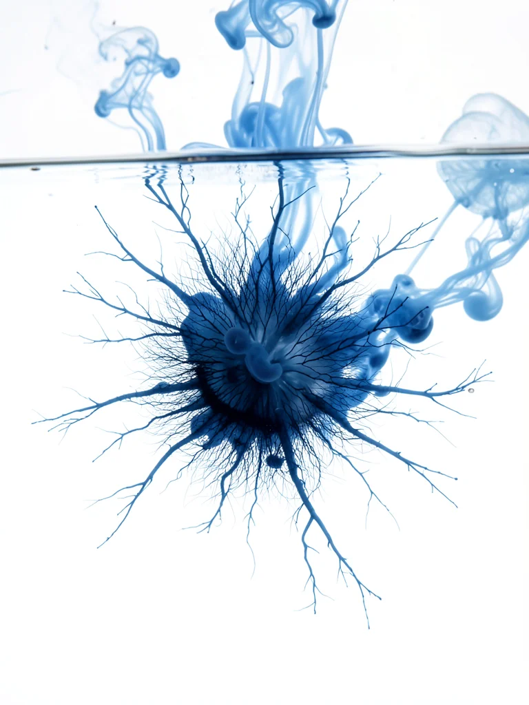 Ink bloom arrested mid-expansion, dense core surrounded by fine hair-like filame