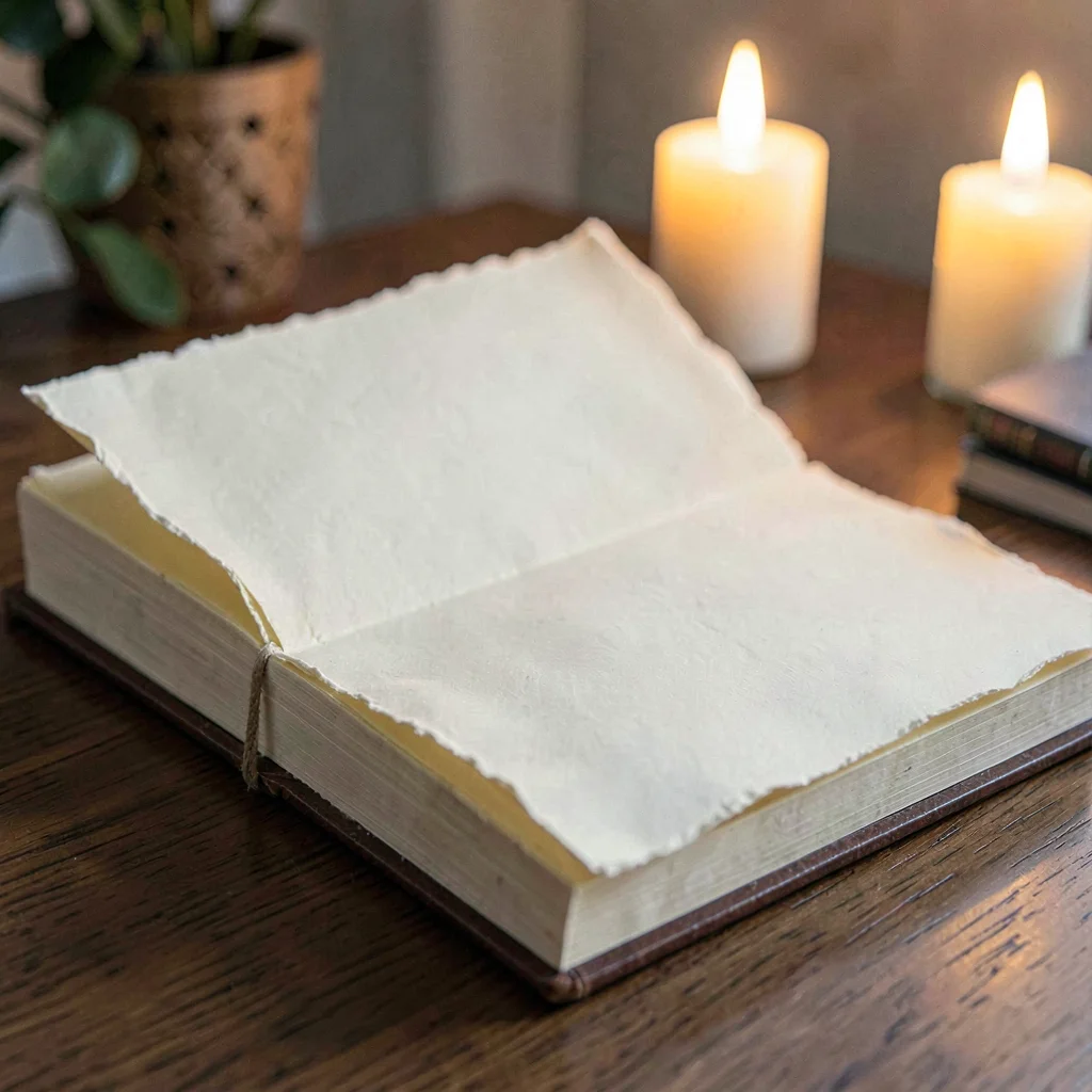 Cream paper folded into an open binder of carbon copies, edges deckle-rough, can