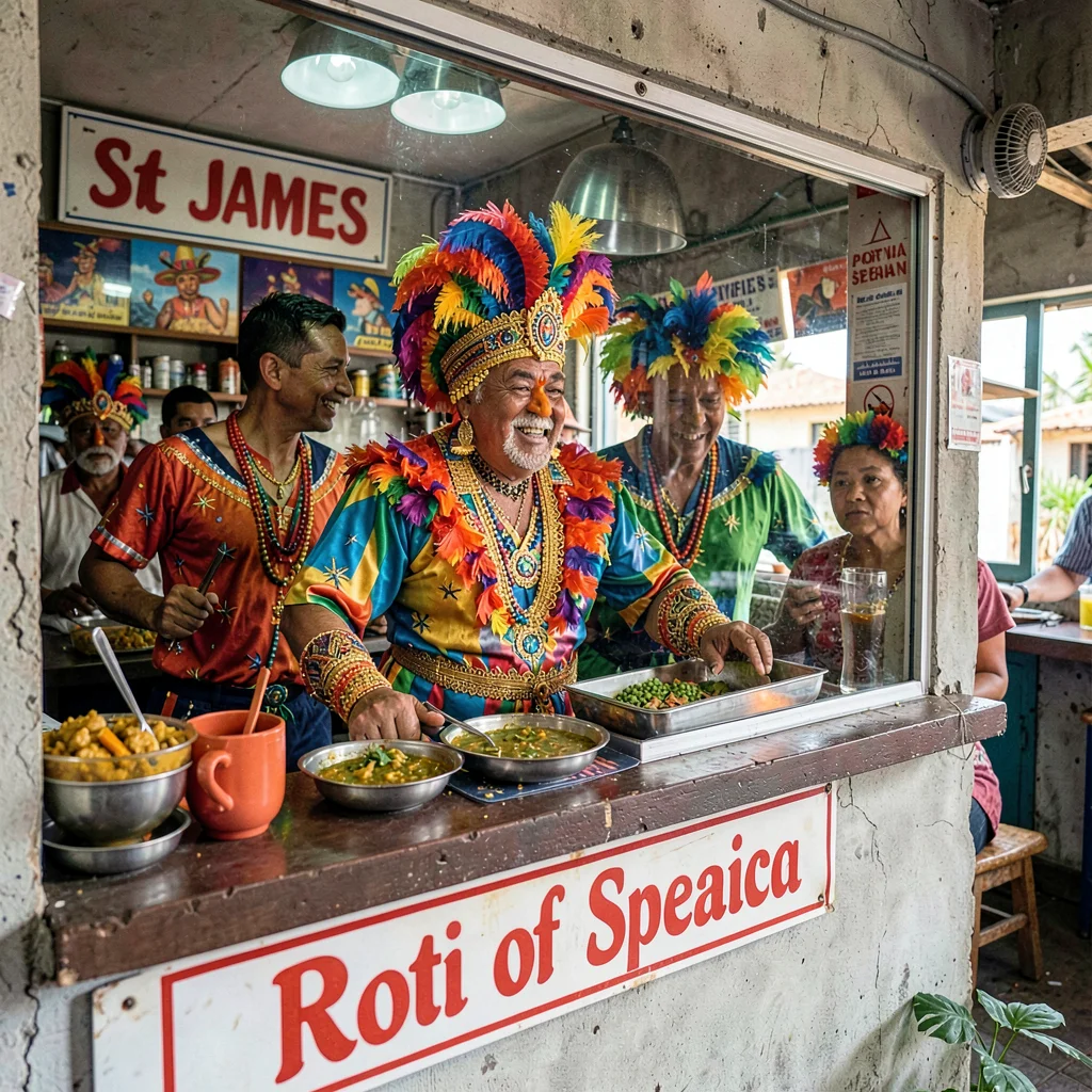 Carnival saturation explosion in Port of Spain, Trinidad, Roti shop counter in S
