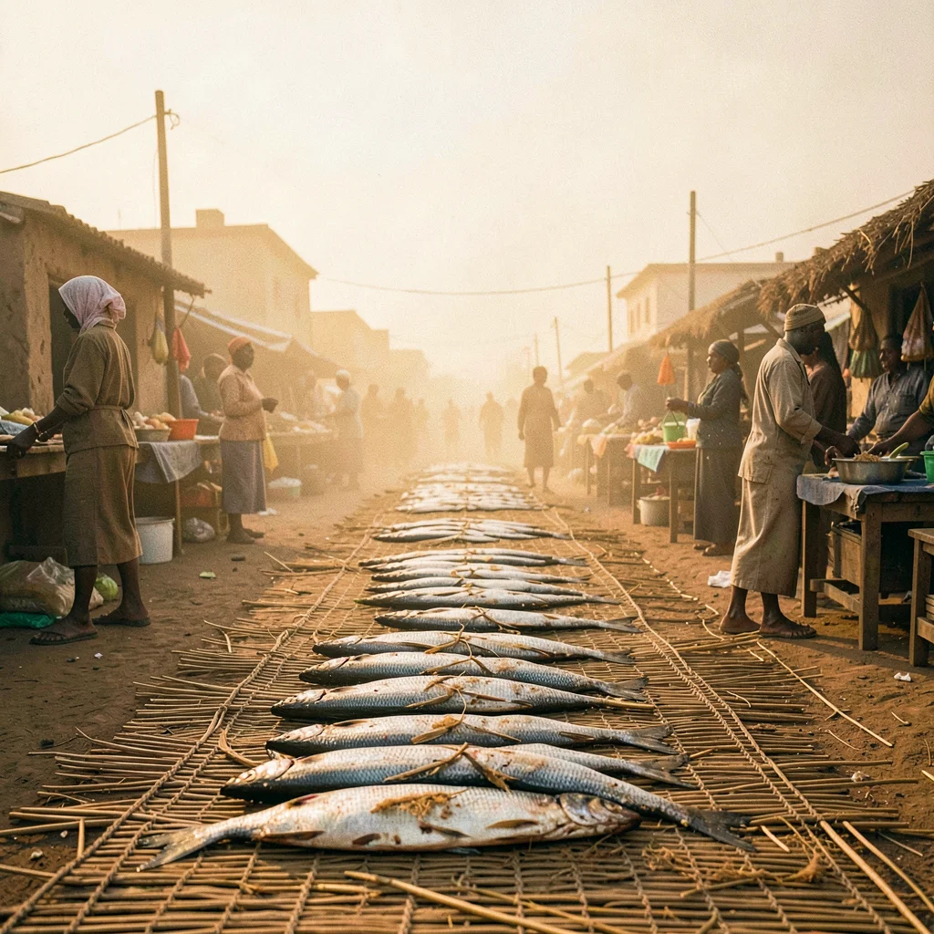 Golden Harmattan dust haze in Bamako, Mali, Dried fish laid out on reed mats at 