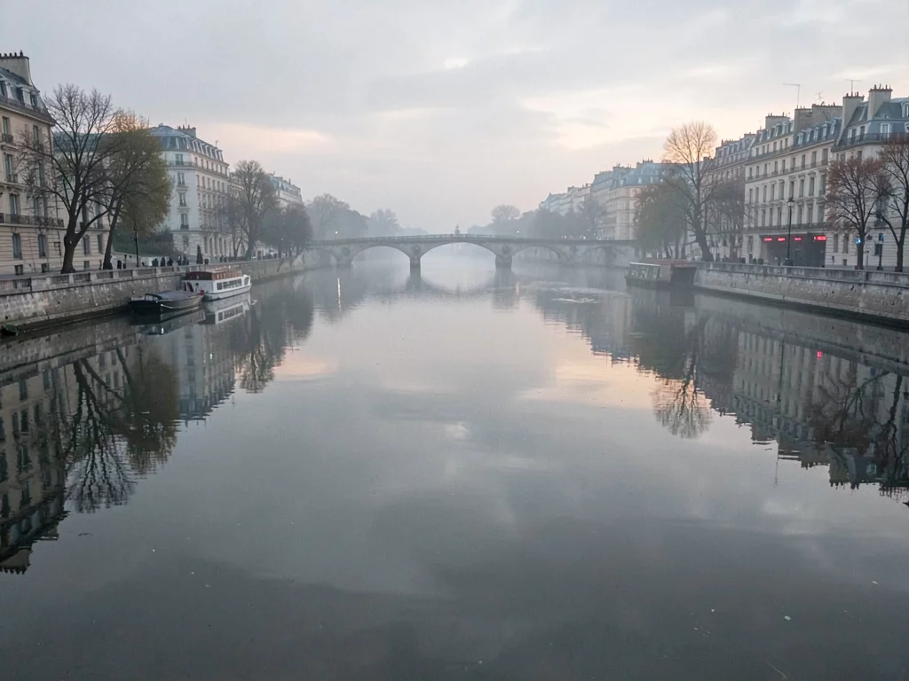 Seine surface perfectly still reflecting soft gray