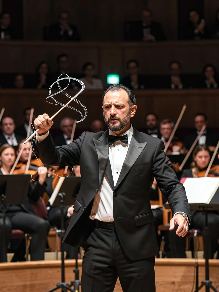 Conductor mid-symphony, baton tracing shape of music itself