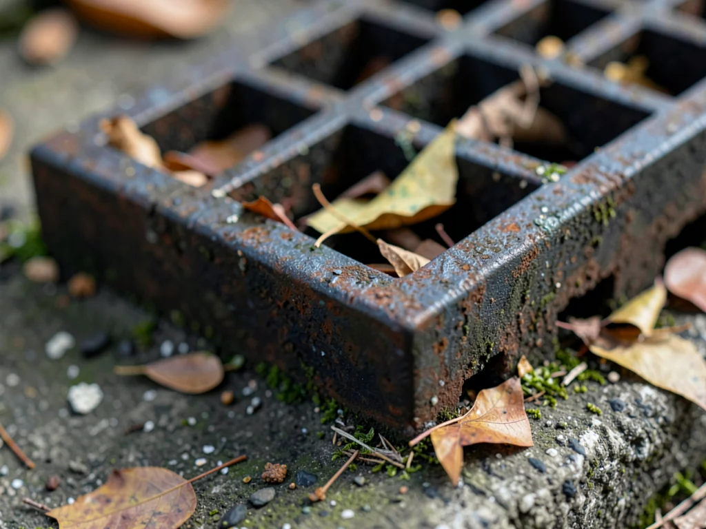 Storm drain grate corner, cast iron texture with leaf debris compressed