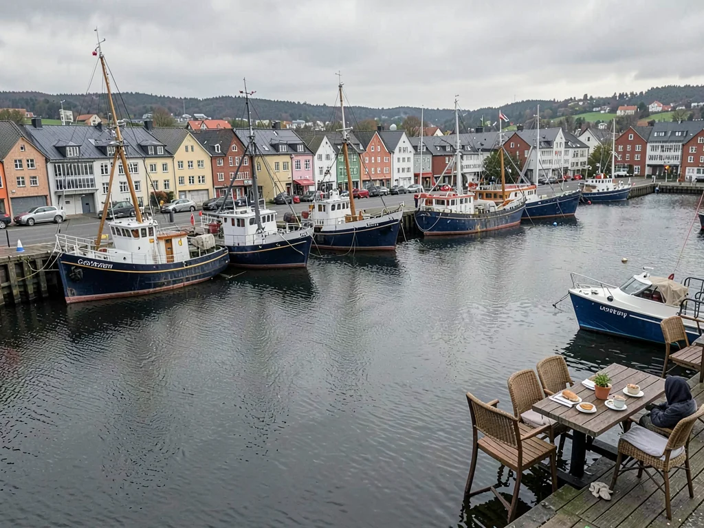 Comfortable grey harbor light in Gothenburg, Sweden, a row of fishing boats in G
