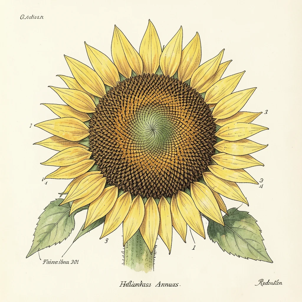 Helianthus annuus — sunflower head dissected to show spiral seed arrangement fol