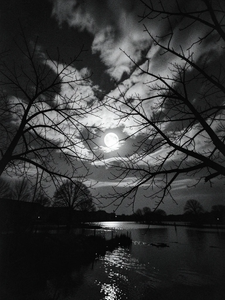 Bare tree branches against full moon, wispy clouds crossing, night