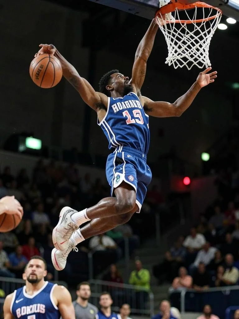 Basketball player dunking from below