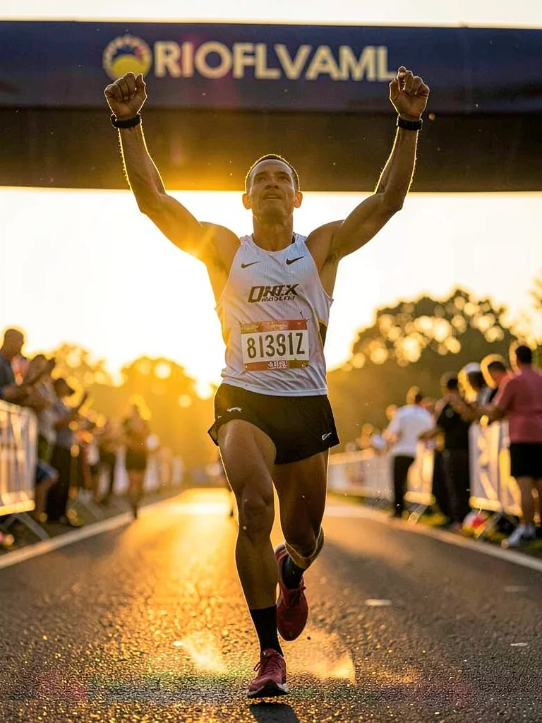 Marathon runner crossing finish line at dawn, entire body backlit and haloed wit