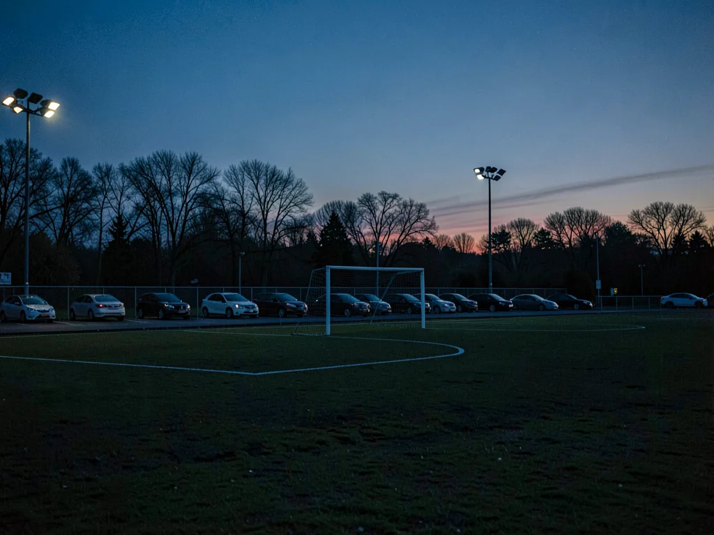 Soccer field with lone goal, practice over, parents' cars disappearing from park