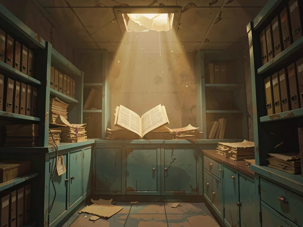 Dusty archive vault with a single ceiling shaft hitting open ledgers, warm honey