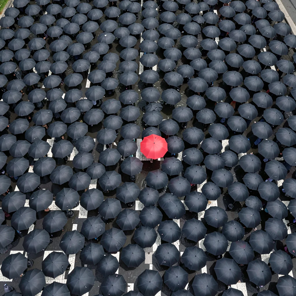 Hundreds of black umbrellas from above, compressed into a flowing river of circl
