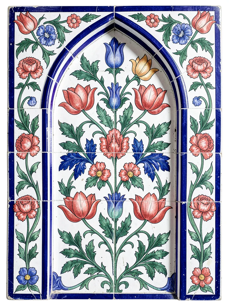 Niche panel — pointed arch form filled with dense floral arrangement, cobalt sur