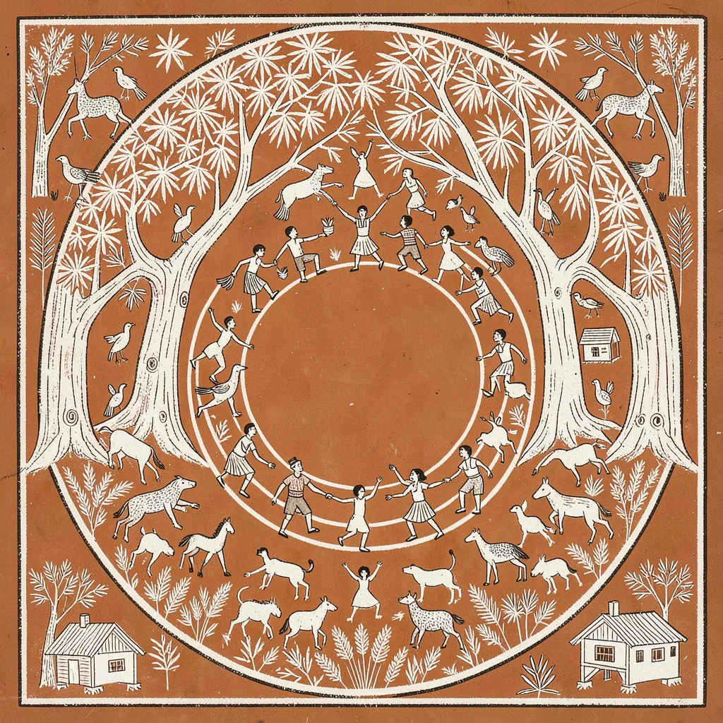 Sacred grove — dense circle of trees, animals and birds gathered inside