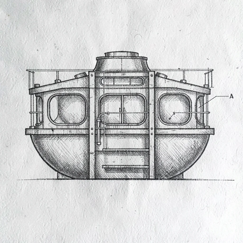 section view of a deep tank with viewing windows, schematic