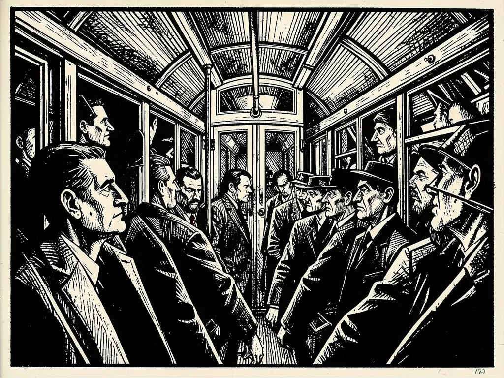Crowded tram interior, faces compressed into sharp angular wedges