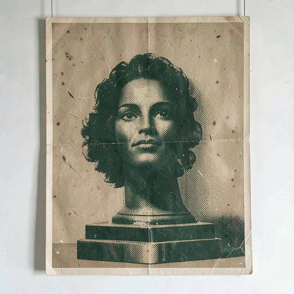 Bold screenprinted poster of a halftone plinth bearing an abstract halftone form