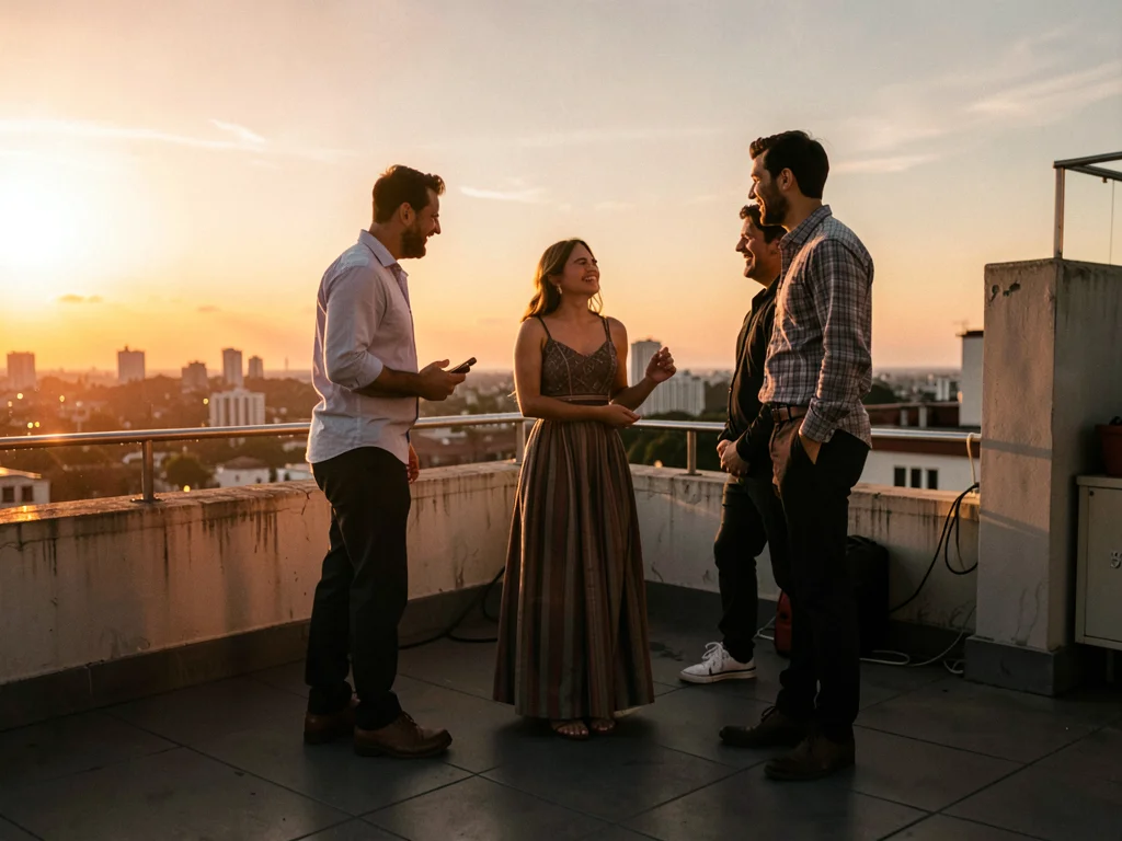 Friends on rooftop at golden hour