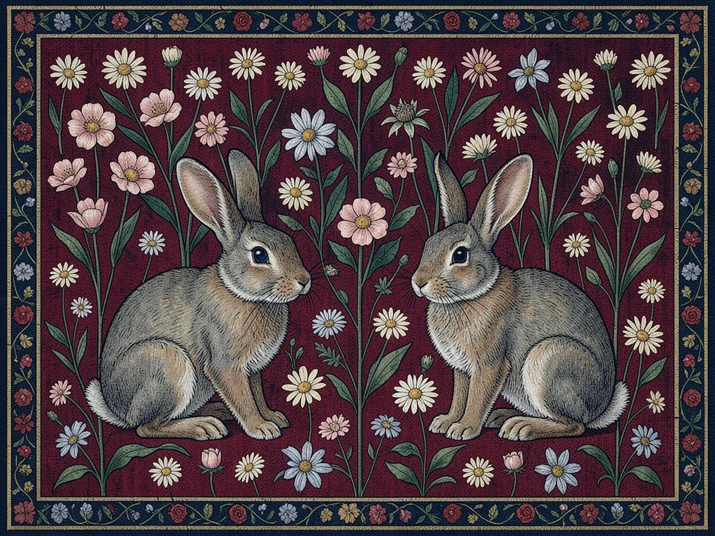 Rabbit Family on Red Millefleur Ground