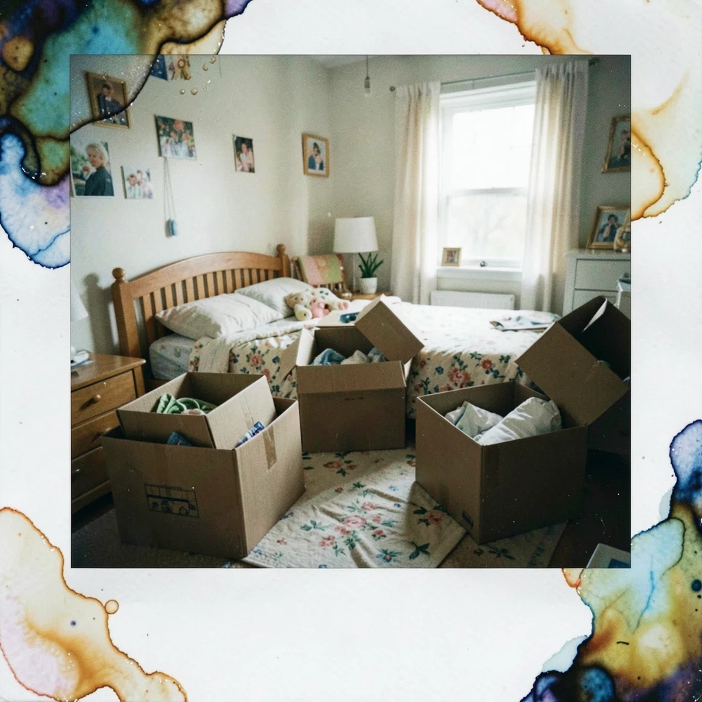 Childhood bedroom being emptied into boxes, shot on expired Polaroid 600 with ch