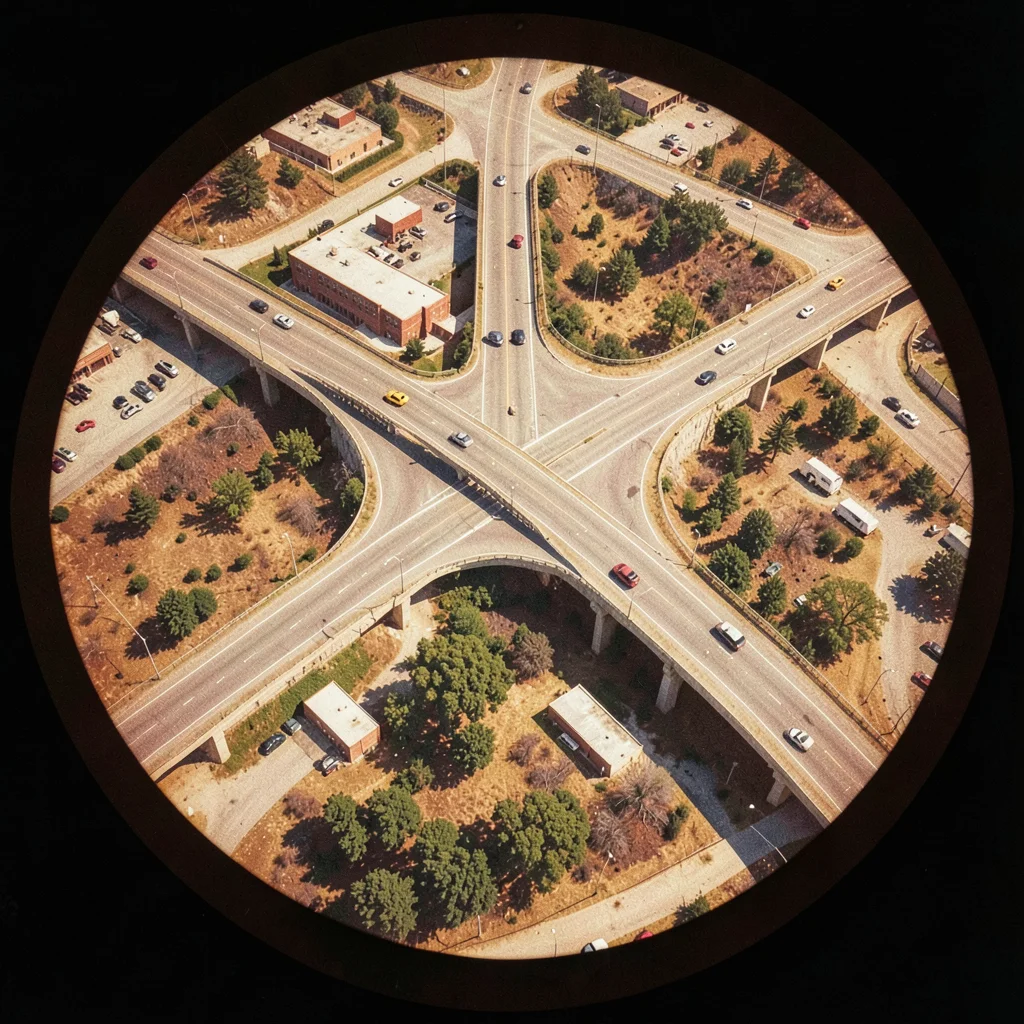 Highway interchange cloverleaf from above in View-Master circular frame format