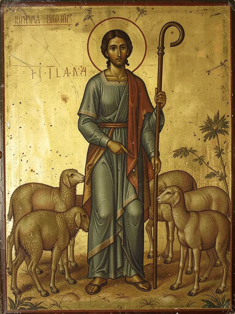 Shepherd with crook standing amid a flock, elongated formal pose