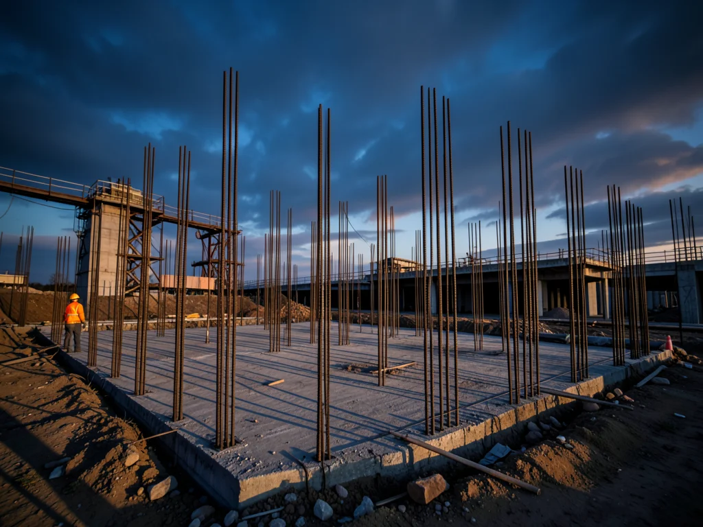 A forest of rebar columns rising from a foundation, shadows creating a grid, a w