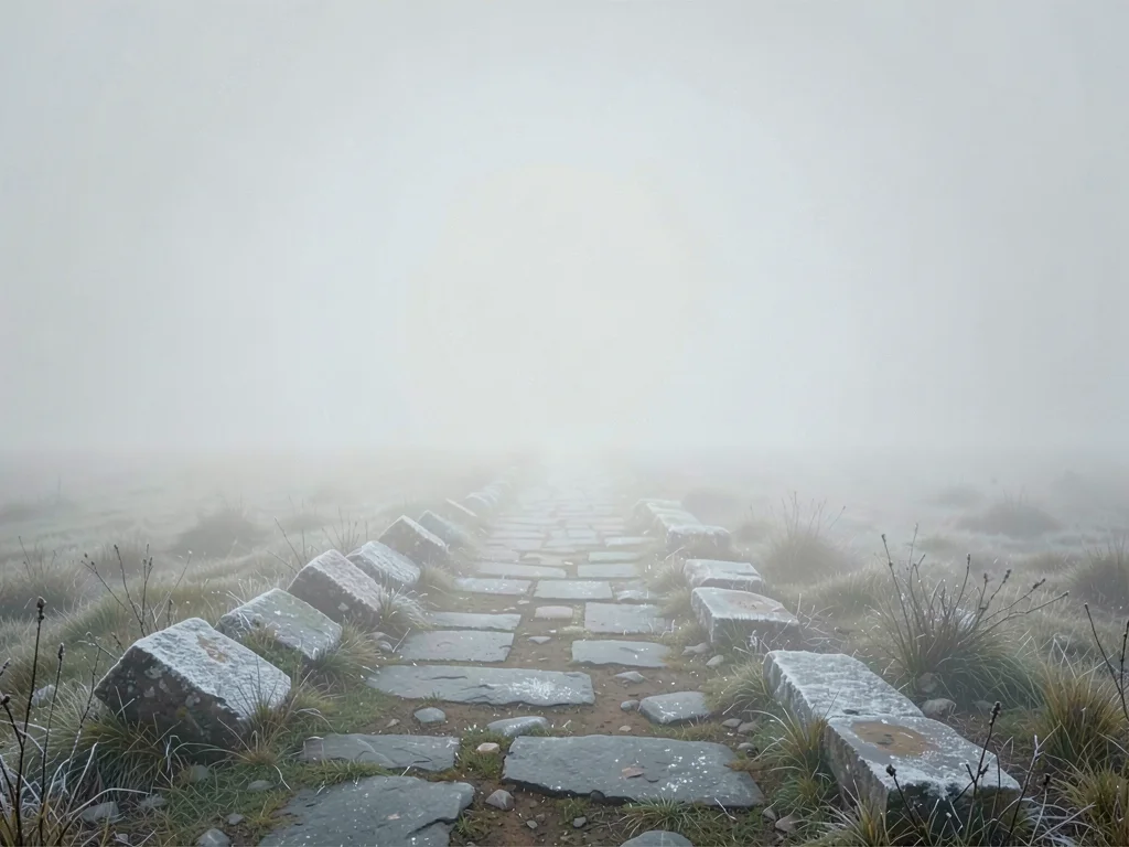 Roman road remnant pointing across a fogged plain, paving stones tilted with fro