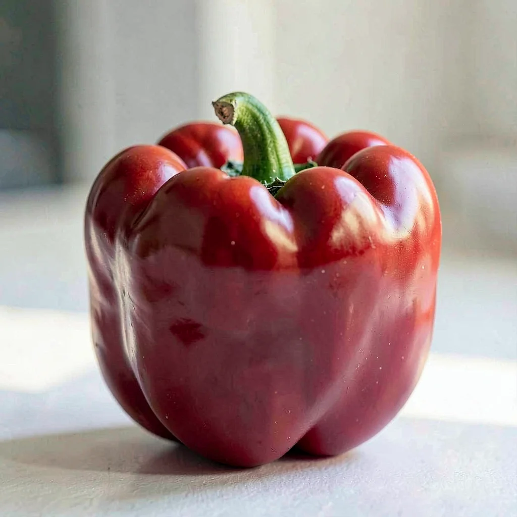A single bell pepper stands proud showing glossy crimson skin and a sturdy four-
