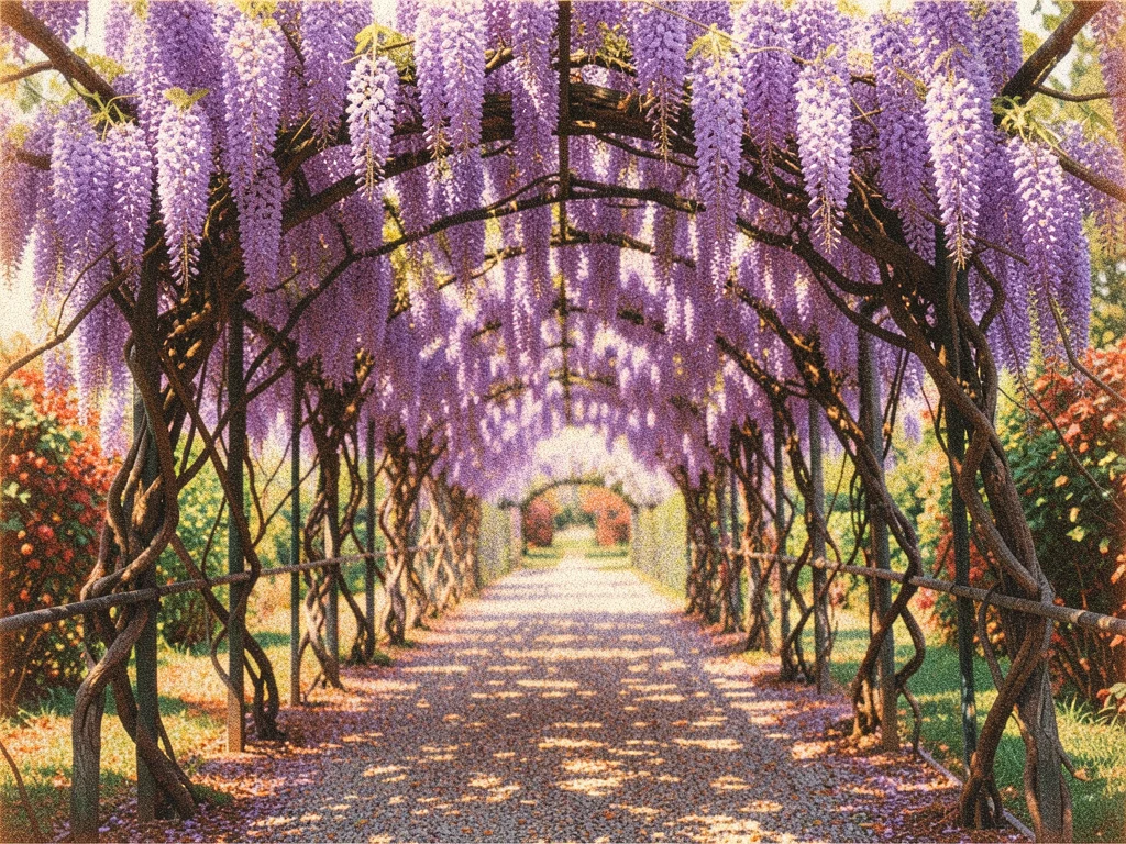 A wisteria arbor in full purple bloom creating a tunnel over a gravel path with 