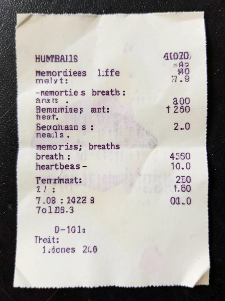 A receipt showing the itemized cost of a human life — memories, breaths, heartbe