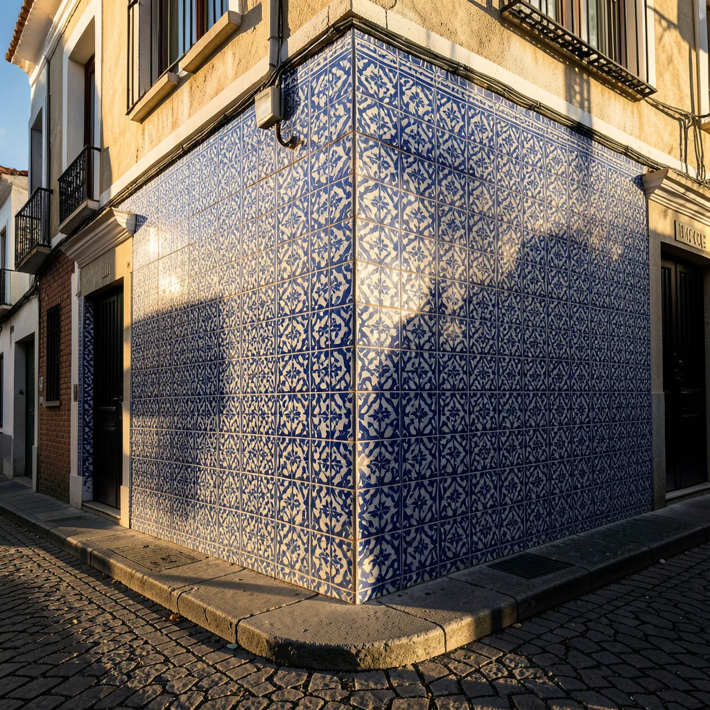 Portuguese azulejo tile wall on a sunlit street corner, vibrant blue and white p