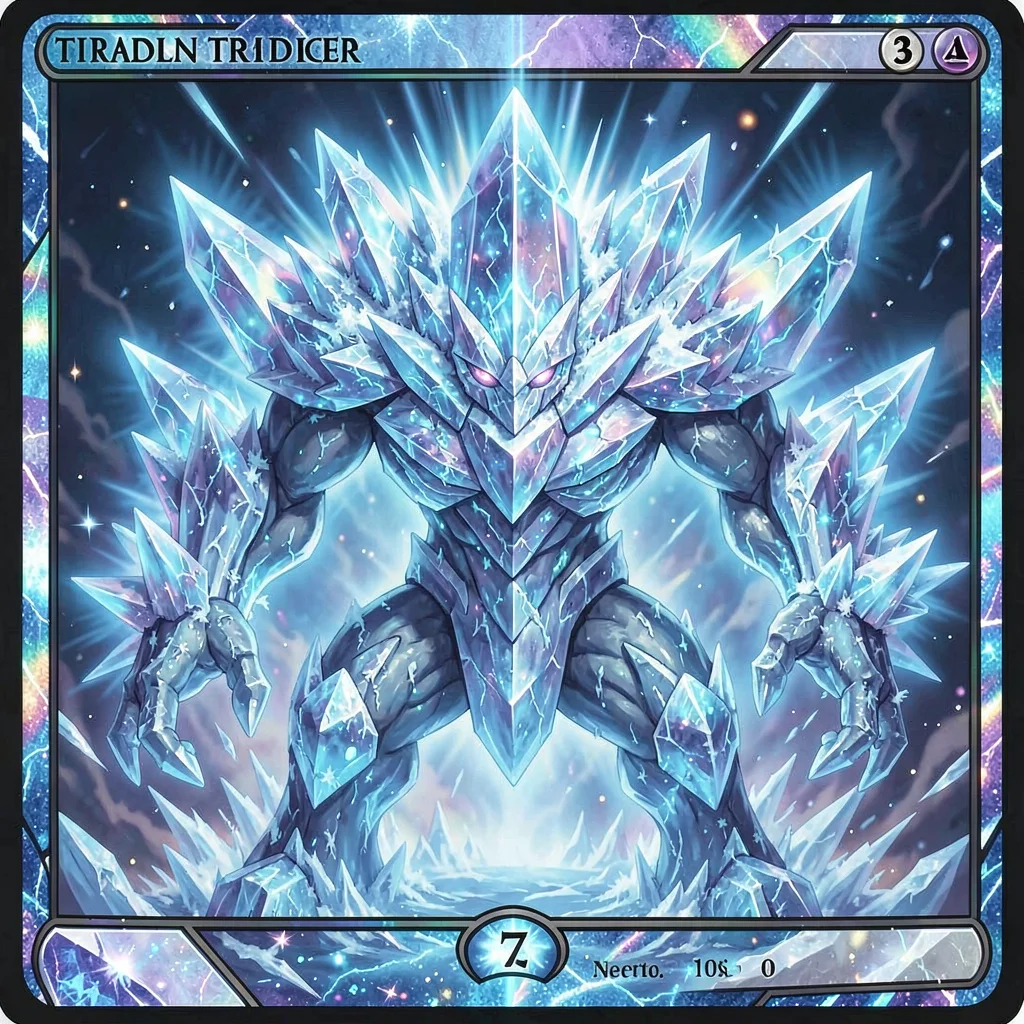 Trading card game illustration, an elemental golem of pure crystal and ice, fros